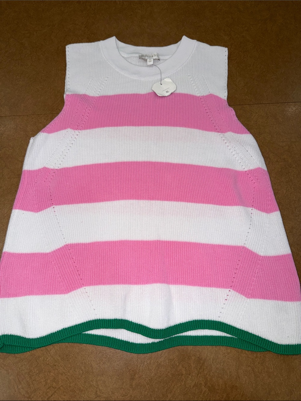 NWT • Crown & Ivy Pink, White & Green Striped Sleeveless Light Knit Top • XL